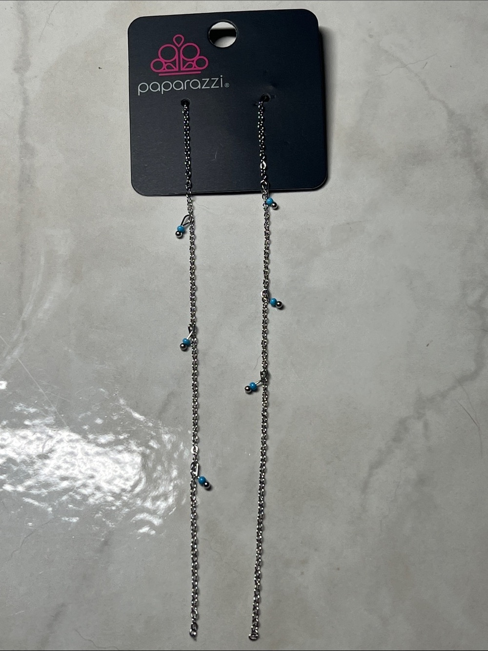 Paparazzi Silver Chain Drop Earrings with Blue Bead Accents